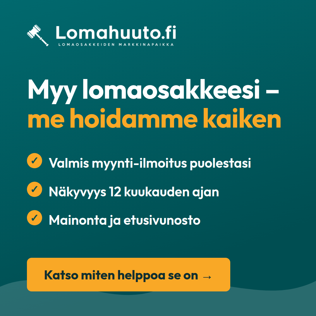 Lomahuuto.fi Tehomyynti: valmis myynti-ilmoitus puolestasi, näkyvyys 12 kuukauden ajan, mainonta ja etusivunosto